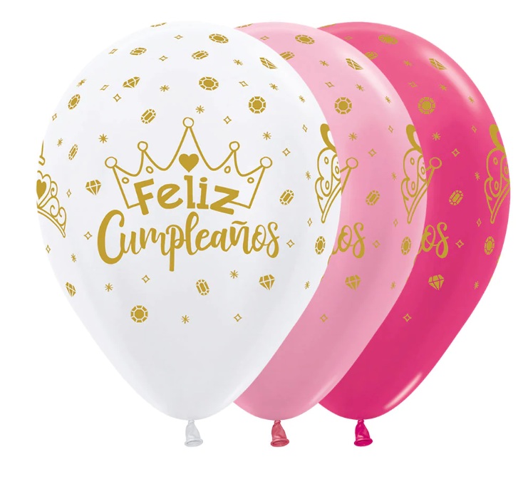 Globo Latex Redondo Infinity Feliz Cumpleaños Coronas Satin Y Metal Surtido Sempertex